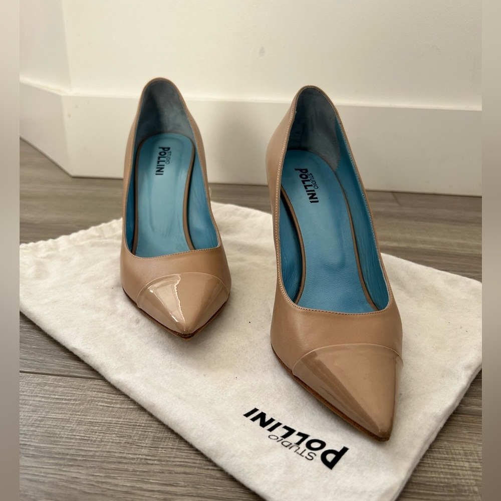 Studio Pollini 🇮🇹 Nude Patent Leather Pointed-Toe Pumps